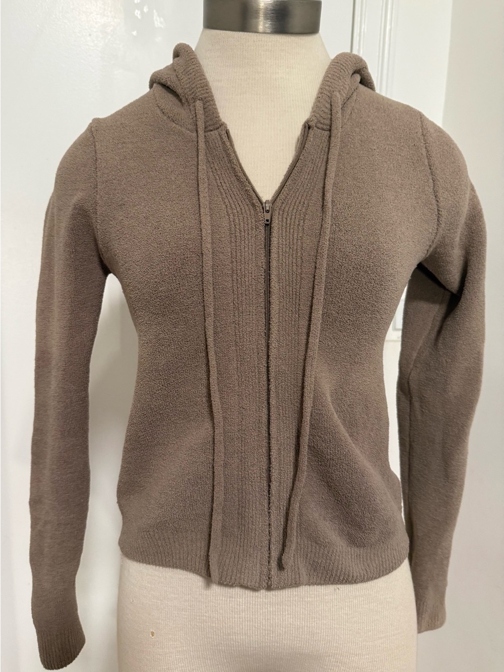 Skims Boucle Taupe Zip-Up Hooded Knit Sweater M